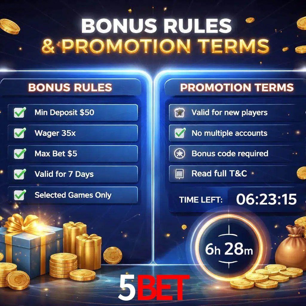 Reglas de promoción 5BET y condiciones de bonos explicadas visualmente