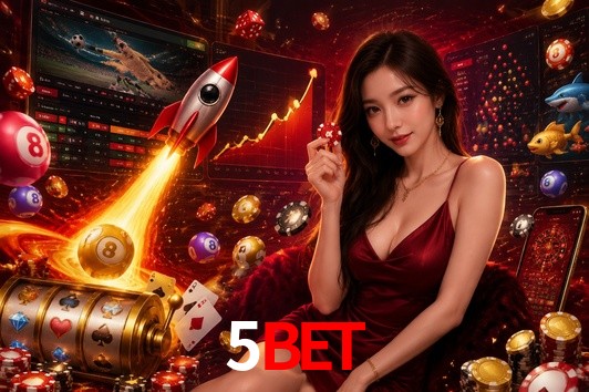 Una escena digital vívida inspirada en casino con 5BET mostrado prominentemente, luces brillantes, fichas, cartas y acentos dorados.