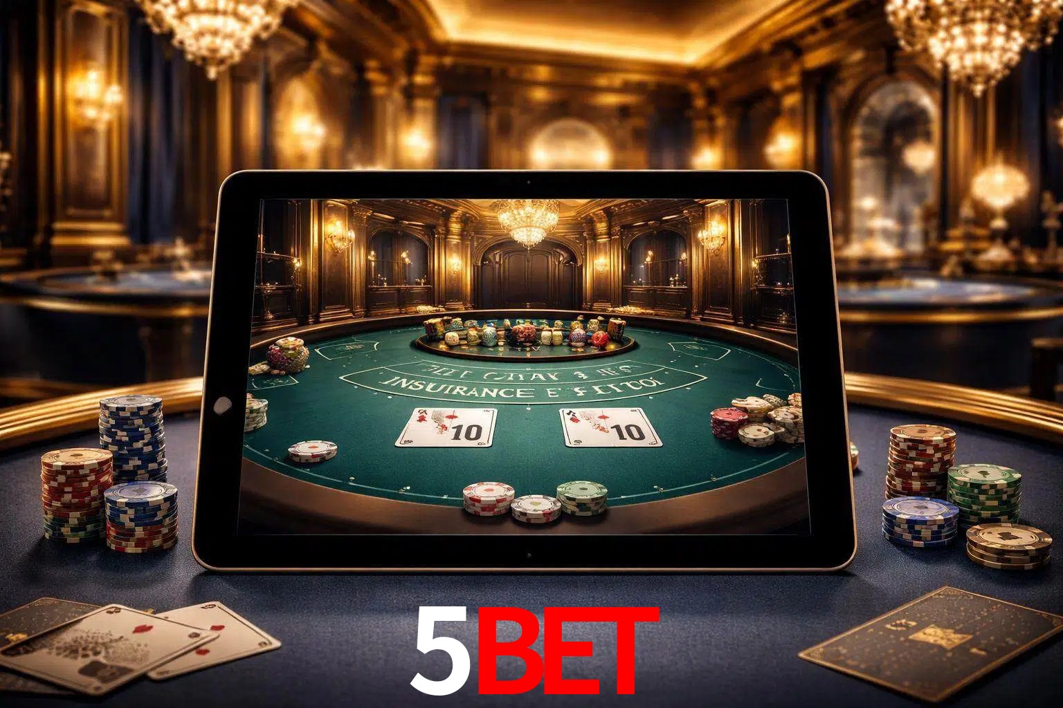 Configuración moderna de casino en vivo con una tableta mostrando una mesa de blackjack, luces cálidas de estudio y una atmósfera elegante de juegos digitales.